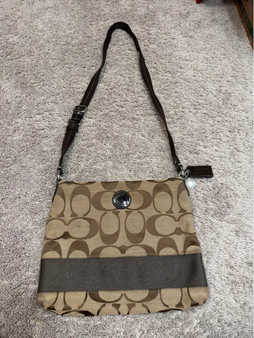 Coach Signature Stripe Crossbody Bag Brown Tan Jacquard Adjustable Strap